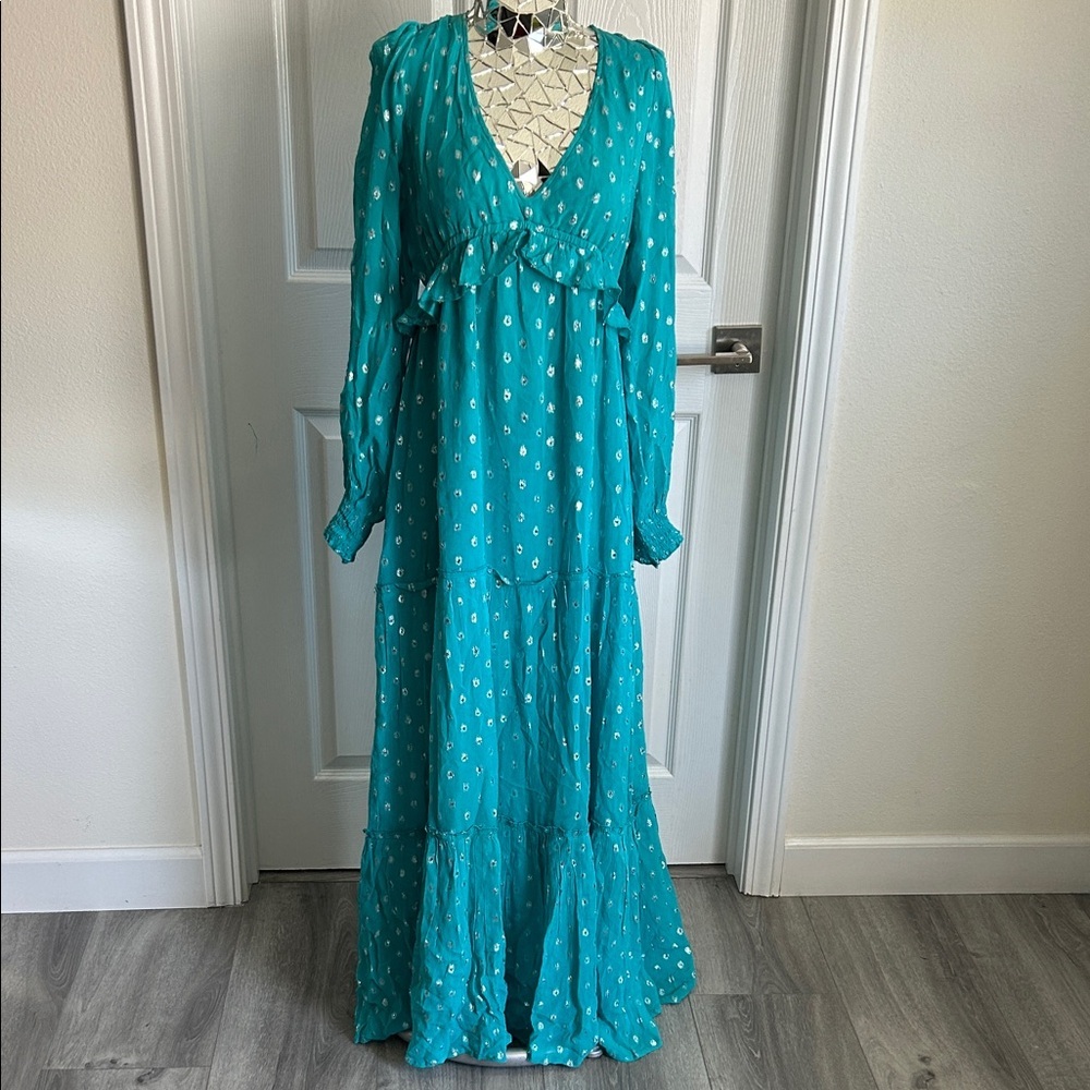 En Creme Teal Long Sleeve Maxi Dress with Metallic Dot Detail